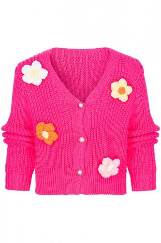 Ružový pletený sveter s kvetmi - Veľkosť: 14