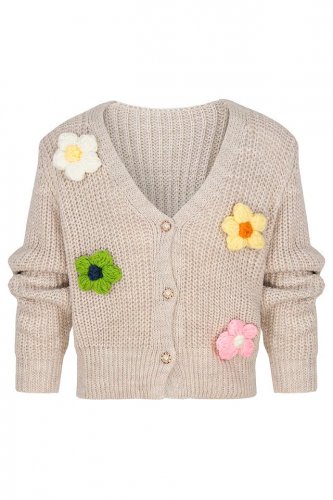 Béžový pletený sveter s kvetmi - Veľkosť: 8