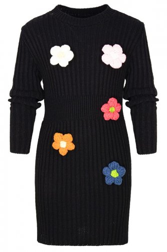 Čierne pletené šaty s kvetmi - Veľkosť: 8